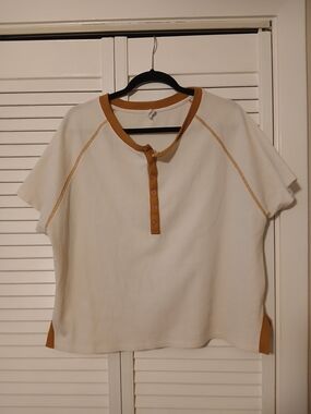 Wishlist Cream Short Sleeve Henley Top with Brown Trim